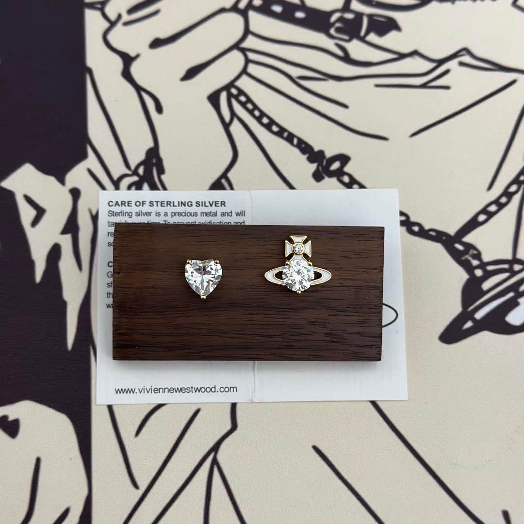 Vivienne Westwood Gold Plated Round and Heart Shaped Stud Earrings with Clear Stones